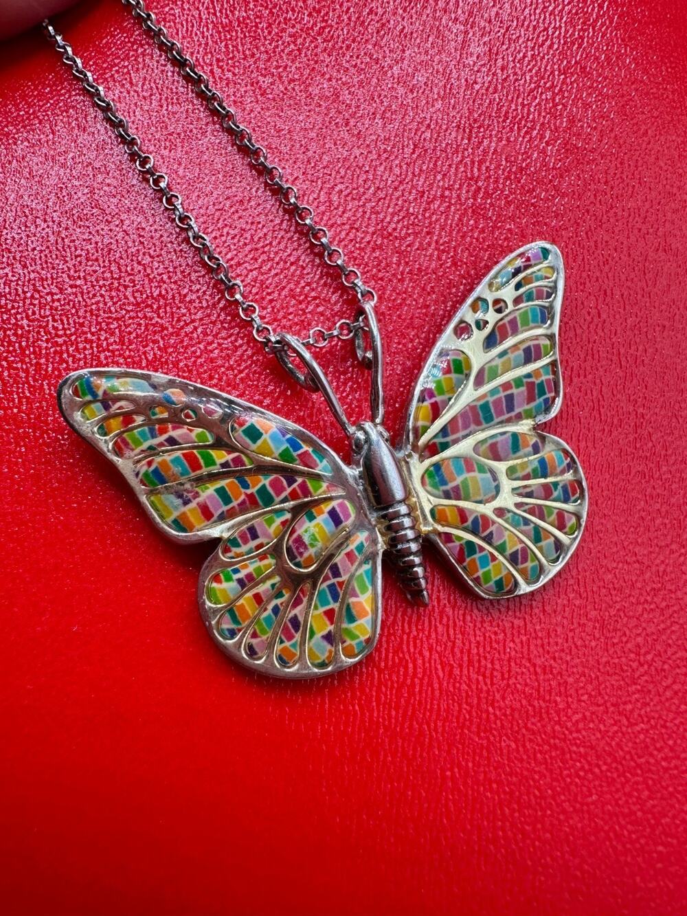 Adina Plastelina Mosaic Millefiori Vibrant Sterling Silver Butterfly Necklace
